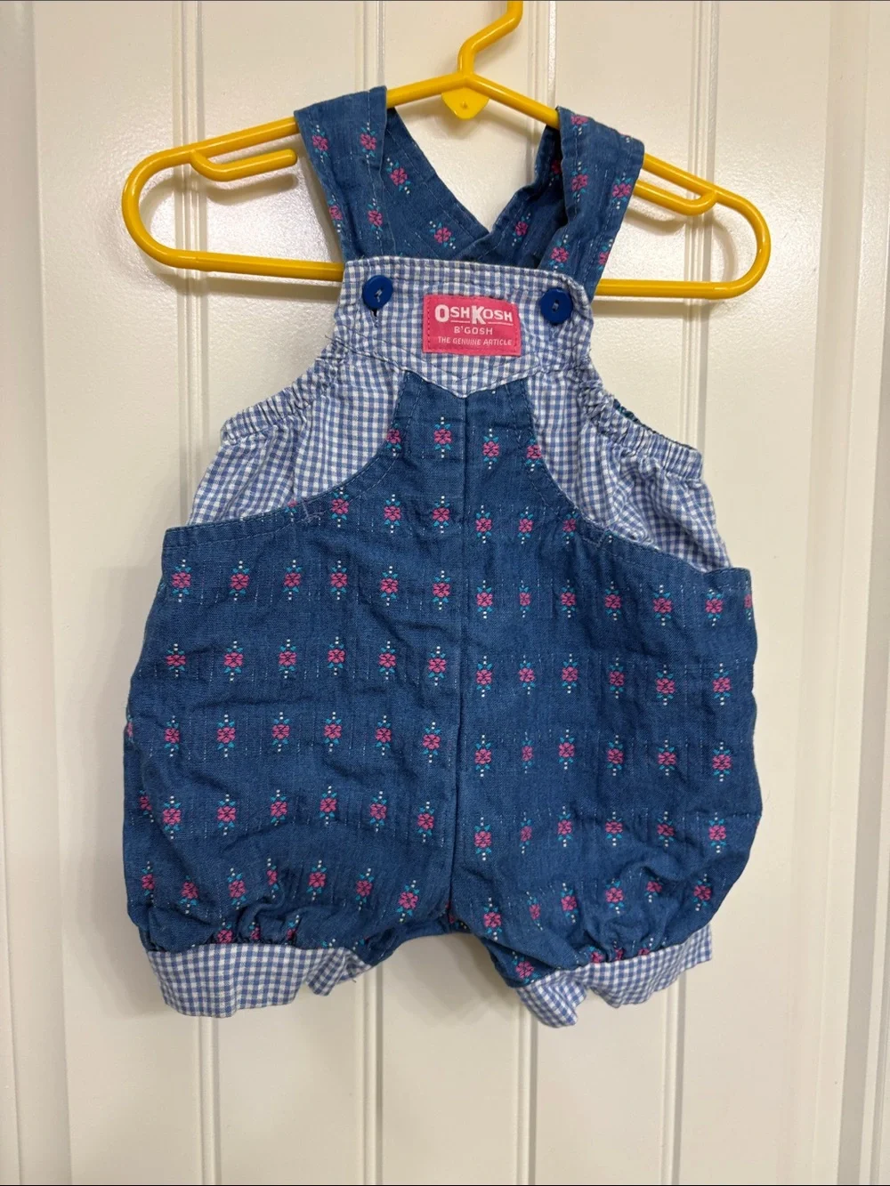 Vintage OshKosh B'gosh‎ Denim-Style Blue Floral Gingham Bubble Romper